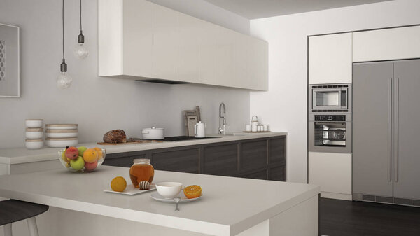 Healthy breakfast with fruit in modern kitchen with wooden detai