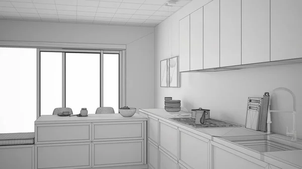 Unfinished project of modern kitchen with wooden details and par — Stock Photo, Image