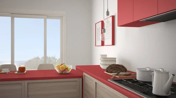 Moderne Küche mit Holzdetails und Parkettboden, gesunde br — Stockfoto