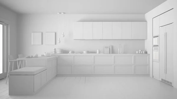 Total white project of classic kitchen with parquet floor, minim Stock Image