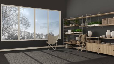 Eko gri iç tasarım, ahşap kitaplık, diy dikey gar