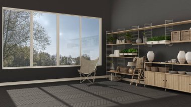 Eko gri iç tasarım, ahşap kitaplık, diy dikey gar