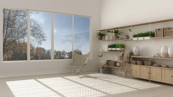 Design de interiores Eco branco com estante de madeira, diy vertical ga — Fotografia de Stock
