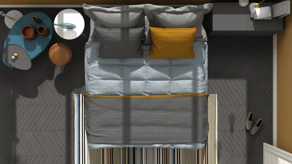 Цветная современная спальня вид сверху, паркет из сельди, арка — стоковое фото