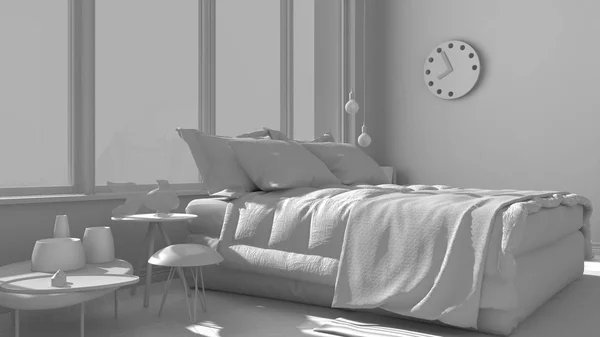 Insgesamt weißes Projekt eines modernen Schlafzimmers mit großem Panoramafenster, — Stockfoto