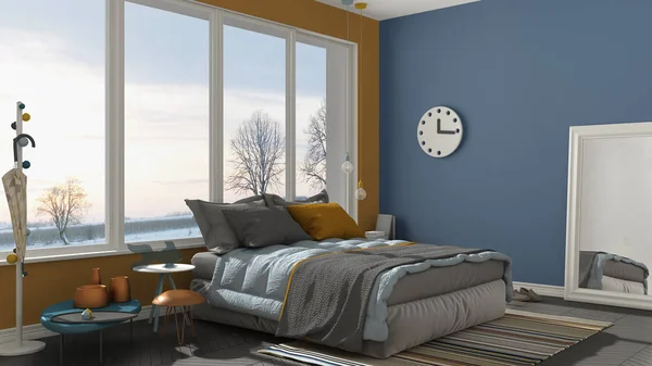 Gekleurde moderne blauwe en gele slaapkamer met groot panoramisch venster — Stockfoto