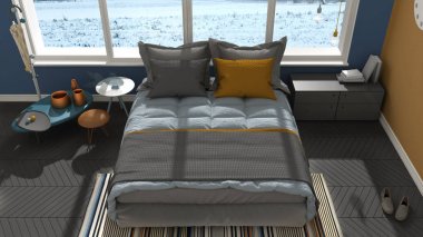 Renkli modern yatak odası büyük panoramik pencere, gün batımı, sunris