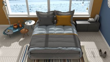 Renkli modern yatak odası büyük panoramik pencere, gün batımı, sunris