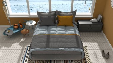 Renkli modern yatak odası büyük panoramik pencere, gün batımı, sunris