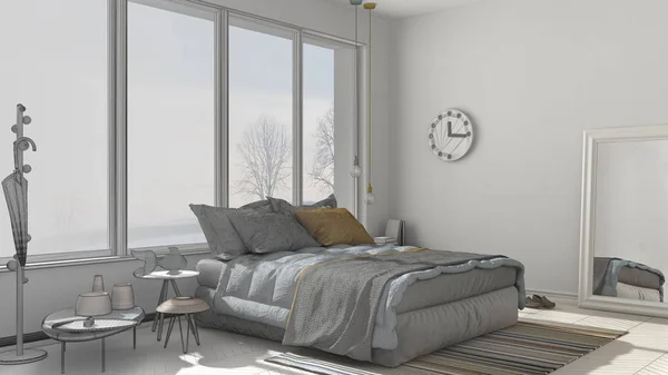Unvollendetes Projekt eines modernen Schlafzimmers mit großem Panoramafenster, — Stockfoto