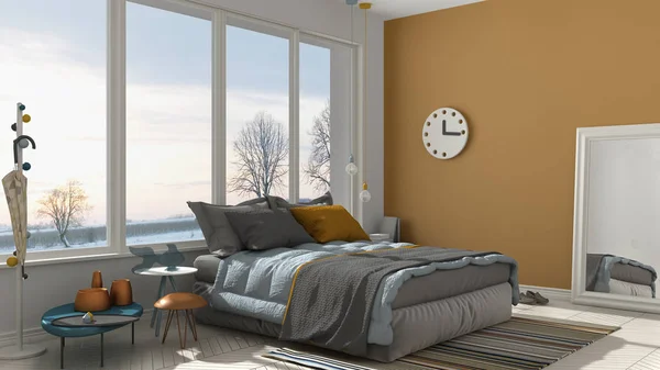 Colored modern white and yellow bedroom with big panoramic windo
