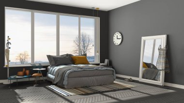 Büyük panoramik pencere, gün batımı, s ile renkli modern gri yatak odası