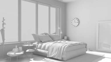 Toplam beyaz proje büyük panoramik pencereli modern yatak odası,