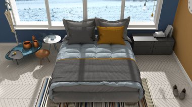 Renkli modern yatak odası büyük panoramik pencere, gün batımı, sunris