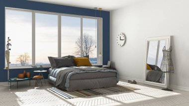 Renkli modern beyaz ve mavi yatak odası büyük panoramik pencereli,