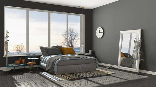 Büyük panoramik pencere, gün batımı, s ile renkli modern gri yatak odası