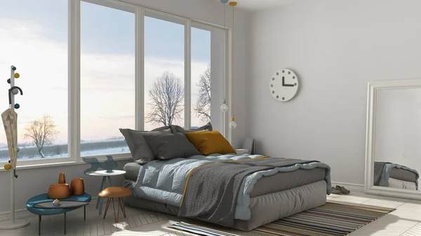 Gekleurde moderne witte slaapkamer met groot panoramisch raam, zonsondergang, — Stockfoto