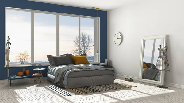 Renkli modern beyaz ve mavi yatak odası büyük panoramik pencereli,