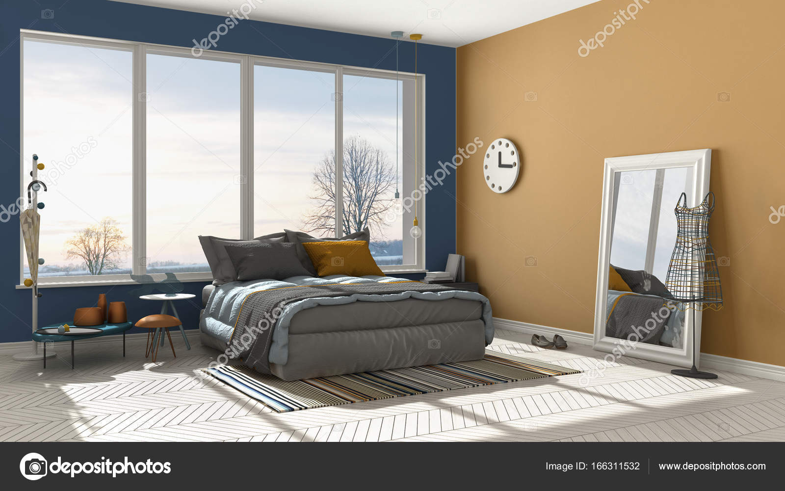 Gekleurde moderne blauwe en oranje slaapkamer met groot panoramisch ... Gekleurde moderne blauwe en oranje slaapkamer met groot panoramisch ...