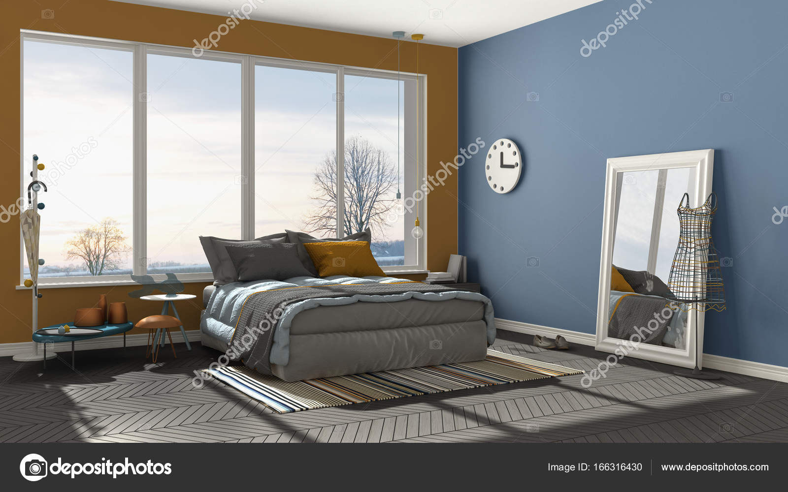 Dormitorio moderno de color azul y naranja con gran ventana panorámica