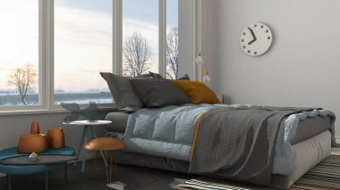 Büyük panoramik pencere, gün batımı ile renkli modern beyaz yatak odası, 