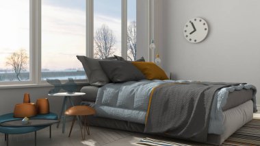 Büyük panoramik pencere, gün batımı ile renkli modern beyaz yatak odası, 