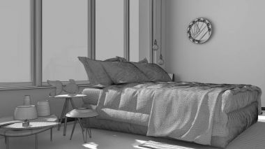 Tamamlanmamış proje büyük panoramik pencereli modern yatak odası, 