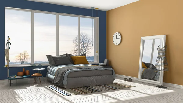 Renkli modern mavi ve turuncu yatak odası büyük panoramik pencereli