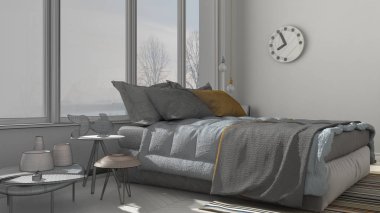 Tamamlanmamış proje büyük panoramik pencereli modern yatak odası, 