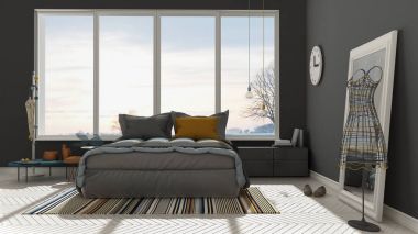 Renkli modern beyaz ve gri yatak odası büyük panoramik pencereli,