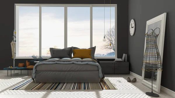Renkli modern beyaz ve gri yatak odası büyük panoramik pencereli,