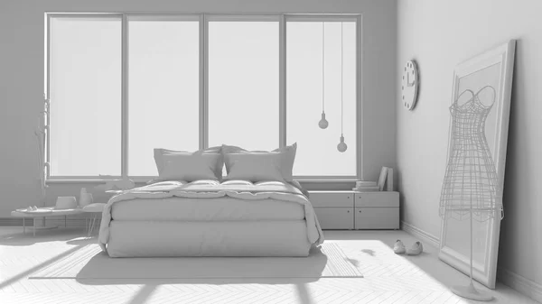 Toplam beyaz proje büyük panoramik pencereli modern yatak odası, — Stok fotoğraf