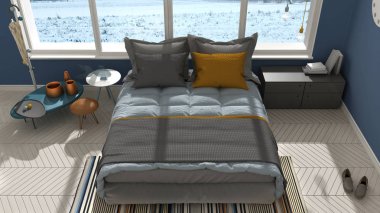 Renkli modern beyaz ve mavi yatak odası büyük panoramik pencereli,