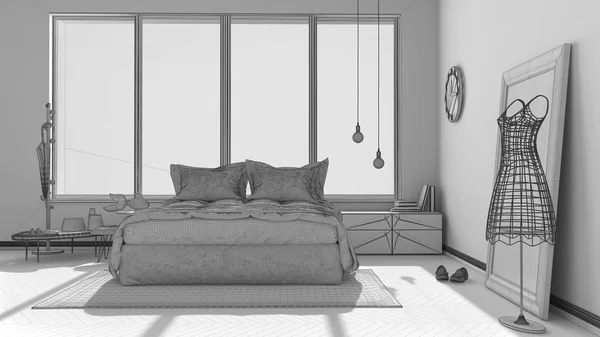 Oavslutat projekt av moderna sovrum med stora panoramafönster, — Stockfoto