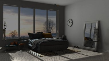 Renkli modern mavi ve turuncu yatak odası büyük panoramik pencereli