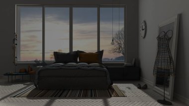 Renkli modern mavi ve turuncu yatak odası büyük panoramik pencereli