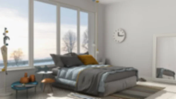 Sfocatura di sfondo interior design, camera da letto moderna con grande panorama — Foto Stock
