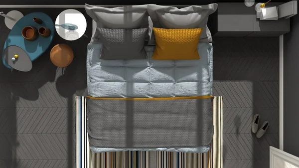 Цветная современная спальня вид сверху, паркет из сельди, арка — стоковое фото