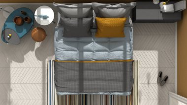 Modern yatak odası en iyi görünüm, balıksırtı parke zemin, renkli kemer