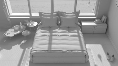 Toplam beyaz proje büyük panoramik pencereli modern yatak odası,