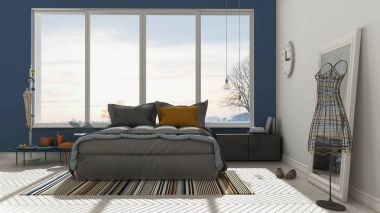 Renkli modern beyaz ve mavi yatak odası büyük panoramik pencereli,