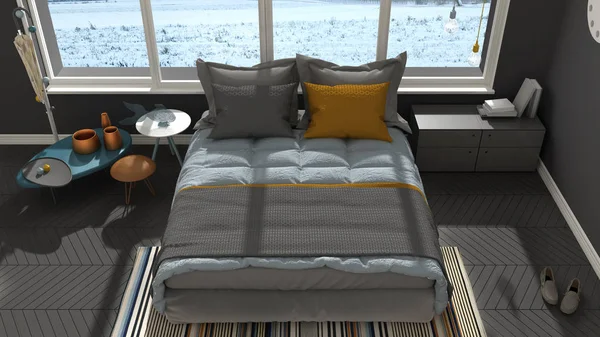 Colored modern gray bedroom with big panoramic window, sunset, s