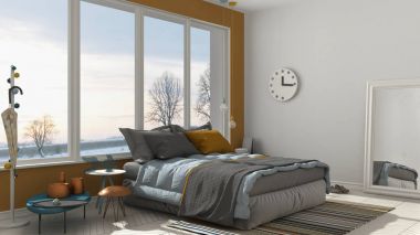 Renkli modern beyaz ve sarı yatak odası büyük panoramik windo