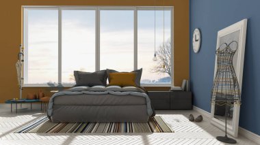 Renkli modern mavi ve turuncu yatak odası büyük panoramik pencereli