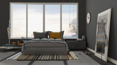 Renkli modern beyaz ve gri yatak odası büyük panoramik pencereli,