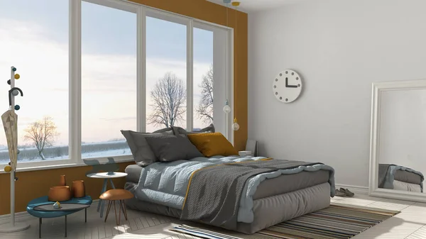 Colorata moderna camera da letto bianca e gialla con grande windo panoramico — Foto Stock
