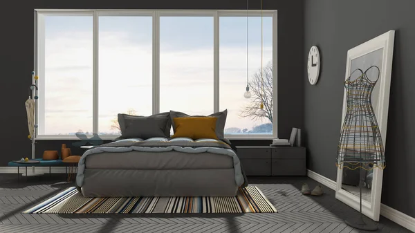 Renkli modern beyaz ve gri yatak odası büyük panoramik pencereli,