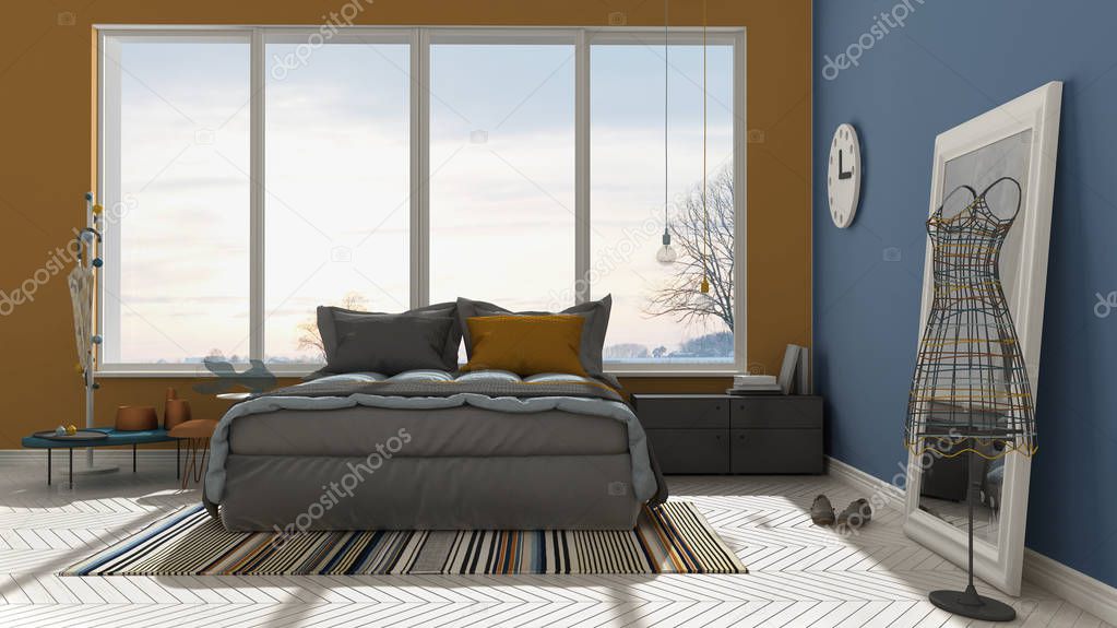 Colored modern blue and orange bedroom with big panoramic window