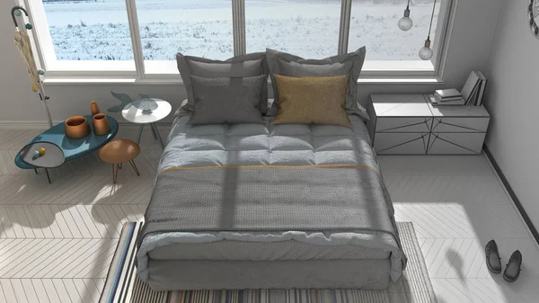 Незавершенный проект цветной современной спальни с большой панорамой — стоковое фото