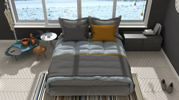 Цветная современная белая и уютная спальня с большим панорамным окном , — стоковое фото